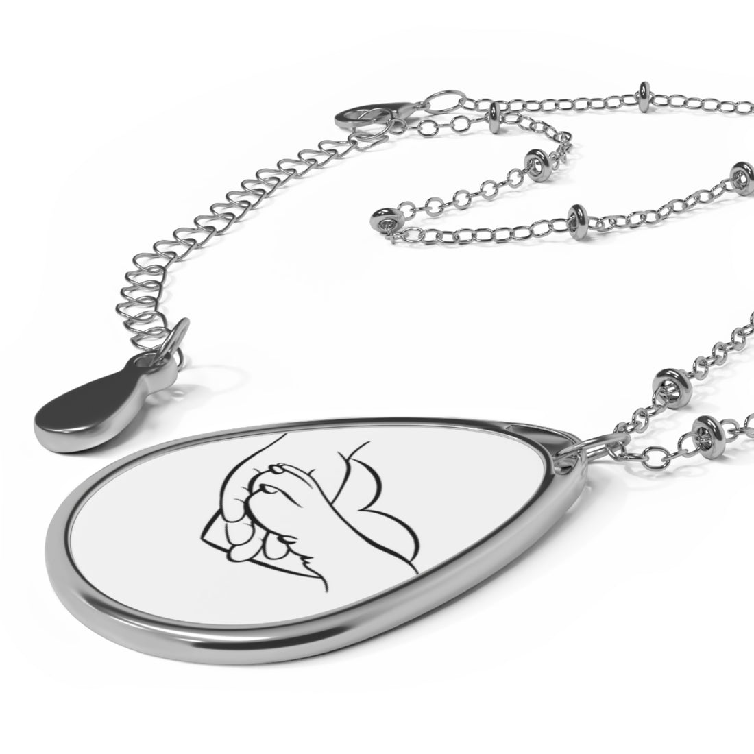 Heartfelt Holding Hands Oval Necklace - Silver Pendant for Meaningful Connections